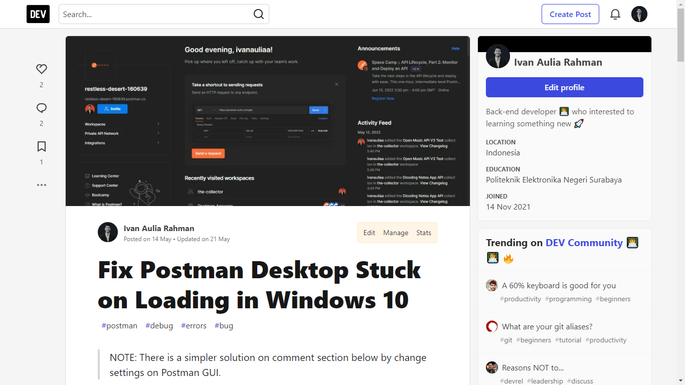 ivan article postman stuck error dev to